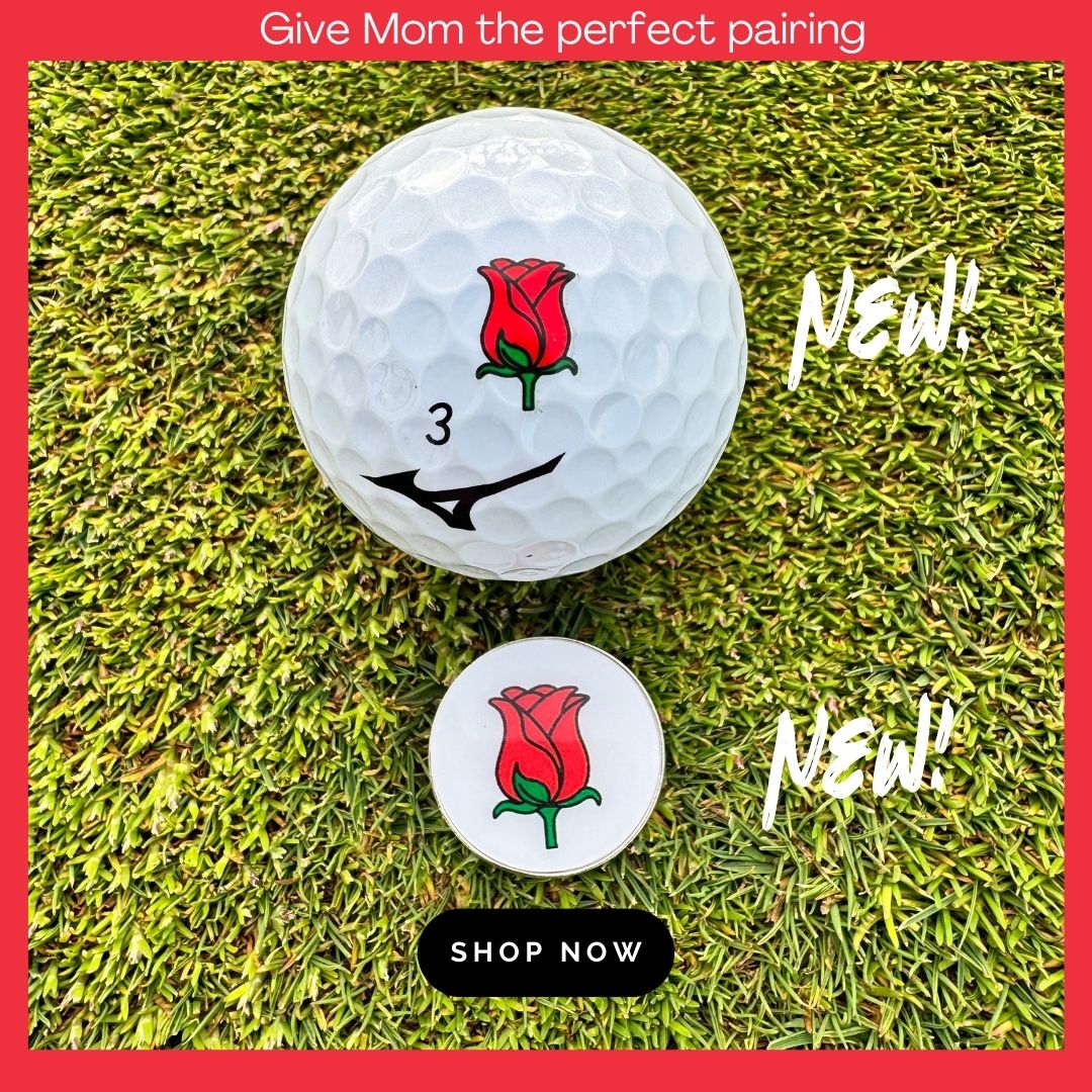 Golf Ball and Golf Ball Marker with Red Rose design 